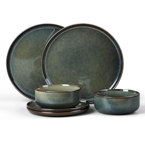 E-far 6-Piece Plates and Bowls Set, Stoneware Dinnerware Sets for 2, Ceramic Dishes Reactive Glaze Dinning Ware, Microwave & Dishwasher Safe - Obsidian Green - color: Obsidian Green, size: Service for 2