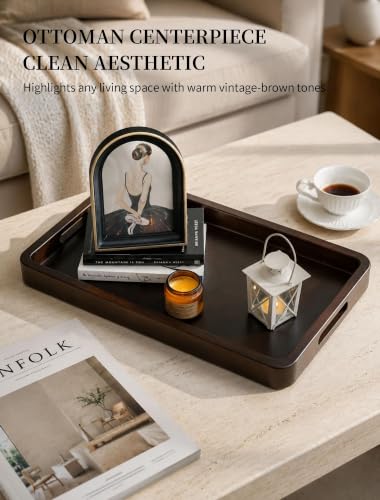 Hanobe 20" Large Wooden Ottoman Serving Trays for Coffee Table Decor | Walnut Big Decorative Tray with Handles for Modern Farmhouse Living Room Decor