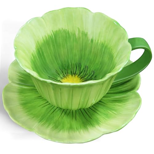 10 oz Tea Cups and Saucers, Ceramic Flower-shaped Cappuccino Cup, Latte Cup and Saucer set, elegant floral Espresso Cup set, Suitable for microwave and dishwasher-Green - color: Green