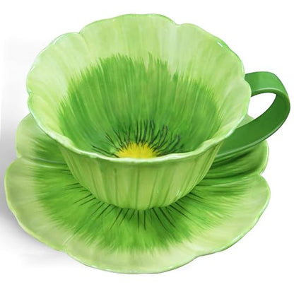 10 oz Tea Cups and Saucers, Ceramic Flower-shaped Cappuccino Cup, Latte Cup and Saucer set, elegant floral Espresso Cup set, Suitable for microwave and dishwasher-Green - color: Green
