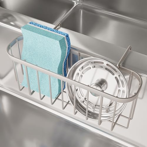 SWTYMIKI Sponge Holder for Kitchen Sink with Partition, Movable Kitchen Sink Caddy with Compact Size Rustproof and Waterproof Hanging Sponge Caddy for Double Bowl Sinks,Sand Nickel - color: Sand Nickel