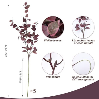 5PCS Artificial Fall Eucalyptus Leaves Stem Plants, 32.7 inch Fake Leaves Autumn Greenery Branches Burgundy Shrubs Silk Faux Foliage DIY Stems for Thanksgiving Festival Home Kitchen Farmhouse - color: Burgundy
