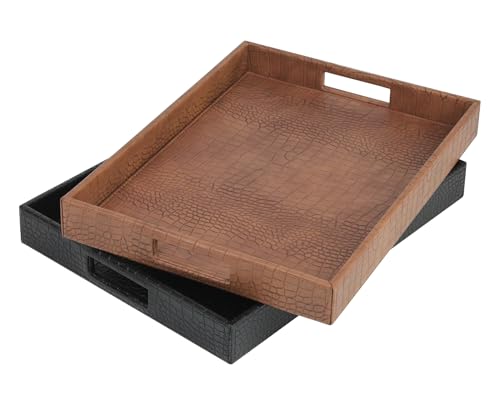 HofferRuffer Rectangle Serving Tray with Hole Handles for Coffee Table, Breakfast, Tea, Food, Butler - Countertop, Kitchen, Vanity Serve Tray, 16.2 x 12.2 x 2 inches, Faux Leather (Black Croco) - color: Black Croco