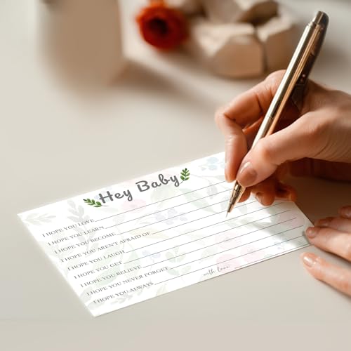 Watercolor Floral Wishes for Baby Cards with Keepsake Wooden Box - 60 Message Cards & Sign - Baby Shower Guestbook Alternative, Gender Reveal Game, New Mom Gift - color: HEY BABY
