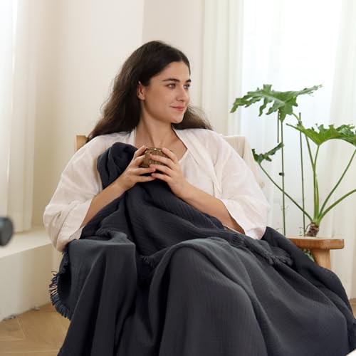 MooMee 100% Cotton Muslin Blanket, Fringed 4-Layer Gauze Bed Couch Throw | Soft Breathable Lightweight Thin Coverlet Summer Blankets for Adults, Bed & Couch All Seasons, Dark Grey, 66" x 90" - color: Dark Grey, size: Twin XL