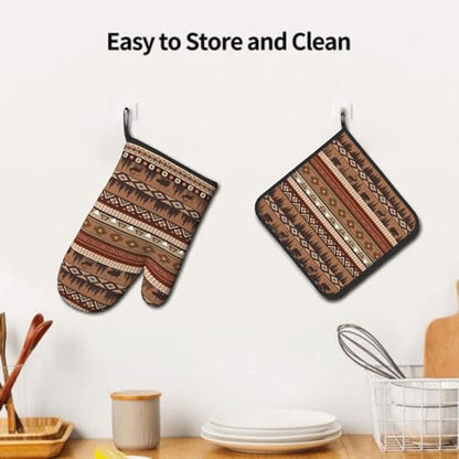 Rustic Bear Deer Oven Mitts and Pot Holder Sets Boho Ethnic Hot Pads Non-Slip Heat Resistant Kitchen Gloves for Baking Cooking Grilling BBQ - color: Rustic Bear Deer