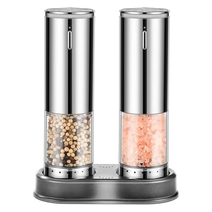 Electric Rechargeable Salt and Pepper Grinder Set - Automatic Grinder, External Adjustable Coarseness, LED Light, One-Hand Operation, Stainless Steel & Acrylic, USB Charging, Silver (Set of 2) - size: Silver