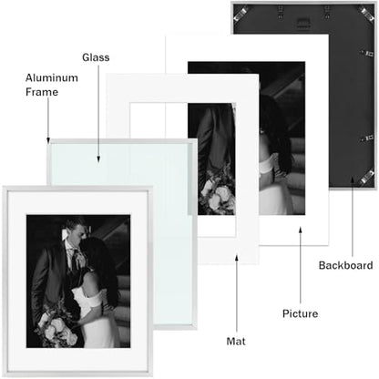 Frametory 7 Pack Aluminum Picture Frame with Mat for Gallery Wall, Silver | Set includes one 11x14, two 8x10, four 5x7 frames with glass fronts, removable mats, and built-in hangers for wall mounting - color: Silver