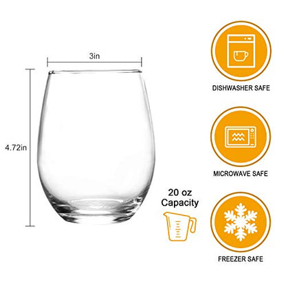 Stemless Wine Glasses 20oz,Red White Wine Glass Set of 8 | Clear, Drinking Glasses with Durable Chip Resistant Rim, Large Wine Glass for Birthday, Wedding, Christmas, Anniversary