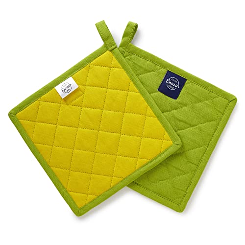 Encasa XO Pot Holders, Quilted Kitchen Hot Pads 8"x8" Lime Green | 100% Heavyweight Cotton | Quilted Insulation | Multipurpose Trivets & Hot Pads | Hanging Loop | Set of 2 - color: Lime Green