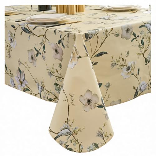 Pioggia Vinyl Tablecloth with Flannel Backing - Waterproof, Oil-Proof, Easy to Clean -Plastic Table Cloth - Perfect for Dining Tables, Kitchen Tables, Parties (Beige Flower, 54×72 Inch Rectangular) - color: Beige Flower, size: 72" x 54" (Rectangular)