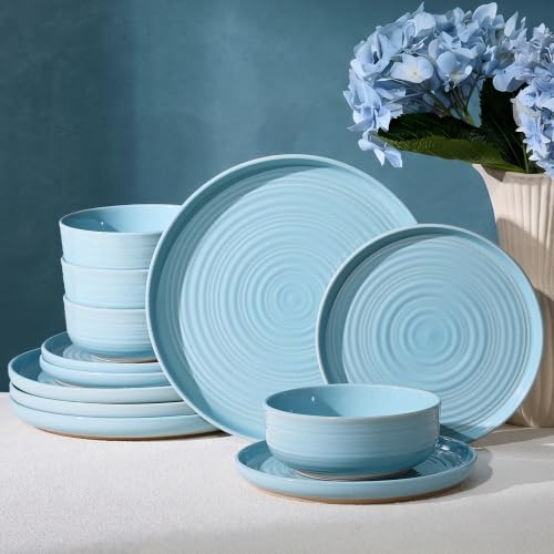 Dinnerware Sets for 4, Ceramic Plates and Bowls, Ice Blue | 12-Piece Ceramic Speckled Spiral Dishes, Chip & Scratch Resistant, Microwave & Dishwasher Safe, Everyday Use, Farmhouse Style - color: Ice Blue, size: Service for 4 (12pc)