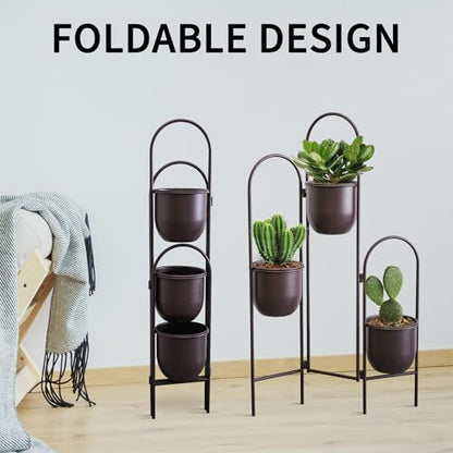 TRIROCKS 3 Tier Plant Stand with 3 Removable Metal Pots Indoor Outdoor Corner Plant Rack, 35" H Space Saving Flower Pot Holder for Living Room, Balcony, Patio & Garden(Brown) - size: 35" H