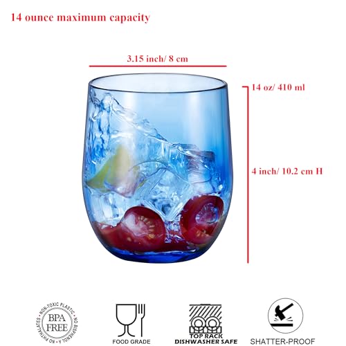 14-ounce Plastic Stemless Wine Glasses, All Purpose Arcylic Glasses, set of 6 Blue Reusable Shatter-resistant Dishwasher Safe - color: Blue