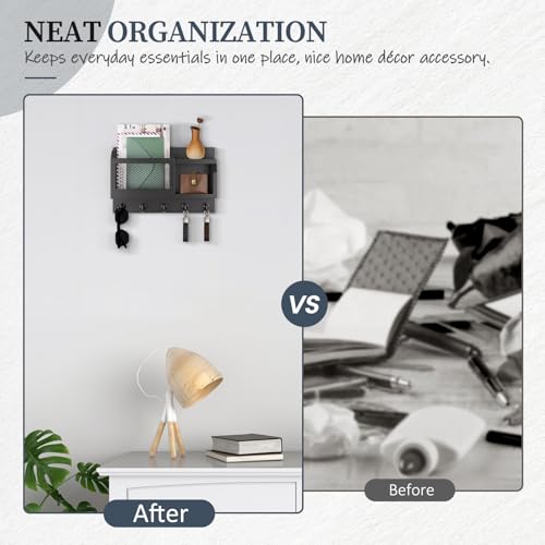 Nekon Key Holder Wall Mount with Mail Slot, 11.8" W x 7.5" H x 3.1" D Modern Farmhouse Key and Mail Organizer with 5 Hooks for Home Decor (Black)