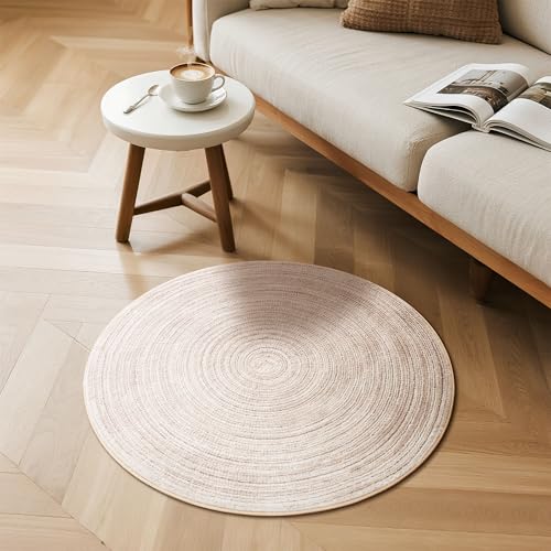 Carvapet 2 ft Round Washable Rug, Polyester Material Imitation Jute Low Pile Circle Carpet with Non Slip Rubber Backing, Foldable Stain Resistant Area Rug for Living Room Bedroom Office Bathroom - color: S-khaki, size: 2' (Round)