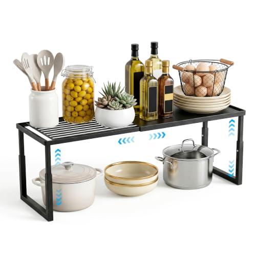 Expandable Cabinet Shelf Organizer, Stackable Countertop Shelves, Black | 15.8''- 25.5'' In Cabinet Shelf, Adjustable Kitchen Cabinet Organizer for Pantry Organizer, CupBoard Organizers and Storage - color: Black, size: 1 Pack