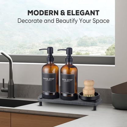 Kitchen Soap Dispenser Set with Instant Dry Tray,16 Oz Hand and Dish Soap Amber Glass Dispenser Set,Stainless Steel Pump,Waterproof Labels&Dish Brush,Luxury Soap Bottle for Kitchen,Bathroom - color: Amber Bottle+black Pump