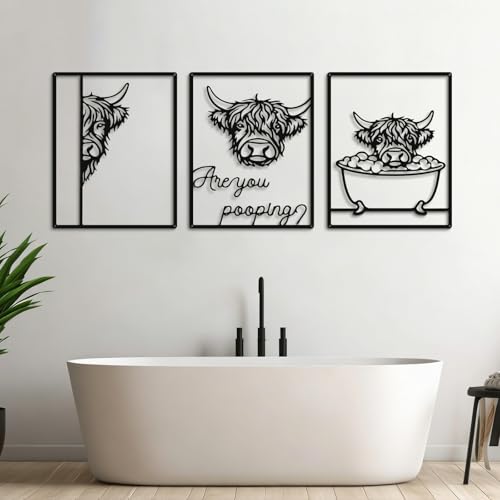 Otoolling 3 Pcs Metal Kitchen Wall Art Line 14x11,Highland Cow,Black | Minimalist Line Art with Highland Cattle, Bathtub, Rustic Decor for Dining Living Bathroom, Metal Frame on Black - color: Black, style: Highland Cow
