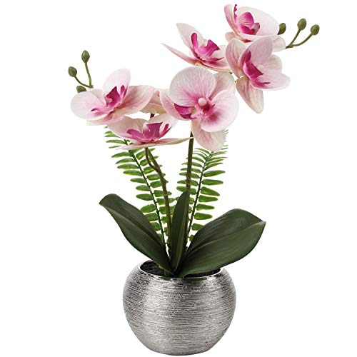 Briful 13" Small Artificial Orchid Flowers in Silver Ceramic Pot, Light Pink Faux Phalaenopsis Orchid Arrangement for Bathroom Vanity Bedroom Office Desk Shelf Table Home Decor - color: Light Pink Orchids Silver Vase