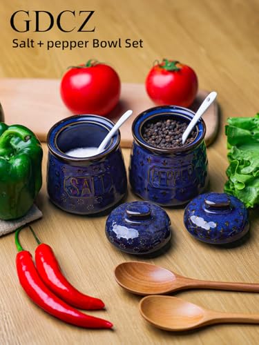 GDCZ 10 Oz Ceramic Salt and Pepper Bowls Set with Lid and Spoons (Blue) | Convenient Set of 2 for Kitchen, Includes Lids & Matching Spoons, 10oz Capacity, Embossed Texture - color: Blue