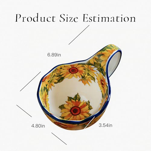Sunflower Pattern Ceramic Soup Bowls with Handles - Decorative Soup Bowl Set for Breakfast Cereal/Yogurt (Including Spoon)