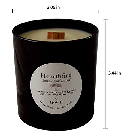 Hearthfire - Sandalwood Scented Soy Candle w/Natural Oils, Wood Wick, Smoky Dark Sweet, Made in The USA in Black Jar - Aromatherapy, Gifts for Housewarming, Birthday, Holidays, Sympathy, Men, Women