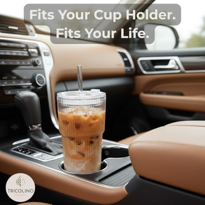 Premium Iced Coffee Cups with Lids and Straws | 20oz Ribbed Glass Cups | Set of 2 | Clear Borosilicate Glass Tumblers | Reusable Iced Tea and Matcha Cup | Dishwasher Safe | for Cold Drinks
