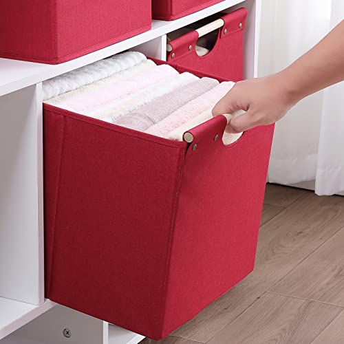 HOONEX Large Collapsible Storage Bins, Linen Fabric, Pack of 2, Storage Baskets with Wooden Carry Handles and Sturdy Heavy Cardboard, for Home, Office, Car, Nursery, Red - color: Red