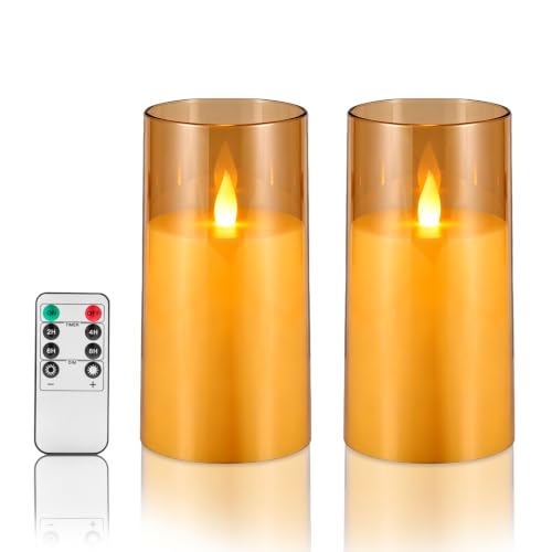 Flameless Candles with Remote, Set of 2 LED Pillar Candles (3" D x 6" H), Realistic Climbing Flame Battery Powered Candles for Home Wedding Christmas (Amber Ivory) - color: Amber, size: 2 Pack (3" x 6"）