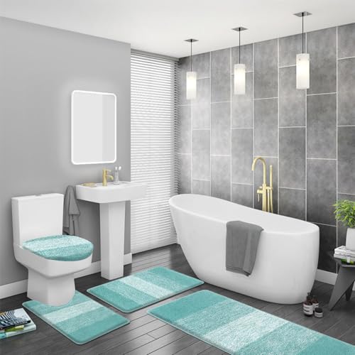 Bsmathom Bathroom Rug Set 4 Piece, Plush Microfiber Bath Mat, Teal | Super Water Absorbent, Non Slip Machine Washable Bath Rug Sets with Toilet Lid Cover and U-shaped Contour Toilet Mat - color: Teal, size: 18"x26"+20"x31"+U20"x24"+Cover19"x21"