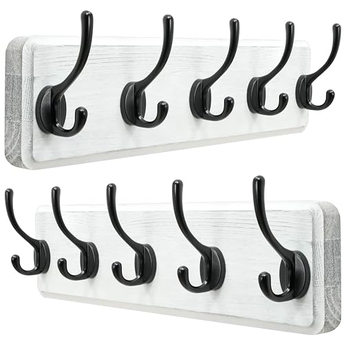 Coat Rack Wall: Patented, Heavy-Duty, 5-Double-Hooks Wooden Wall Mounted Coat Rack Coat Hanger Hook Rail for Winter Coats Hat Jacket Clothing, White & Black, Pack of 2 - color: White & Black, size: L=17.4" (2pcs)