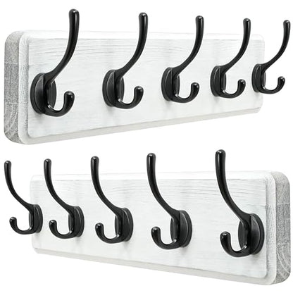 Coat Rack Wall: Patented, Heavy-Duty, 5-Double-Hooks Wooden Wall Mounted Coat Rack Coat Hanger Hook Rail for Winter Coats Hat Jacket Clothing, White & Black, Pack of 2 - color: White & Black, size: L=17.4" (2pcs)