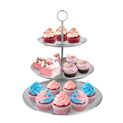 3 Tier Silver Cupcake Stand Stainless Steel Dessert Display Rack with Removable Tiered Tray for Parties,Weddings,Birthdays,Decorations,Any Festivals and Festivities(Stainless Steel Pole)