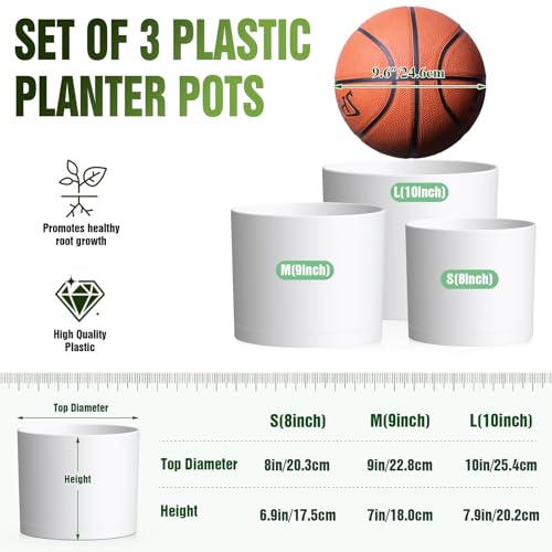 10/9/8 Inch Plant Pots 3 Pack, with Drainage Hole & Saucers | Cylindrical plastic planters with drainage holes & saucers. Modern matte finish, lightweight & durable for indoor/outdoor use - color: Matte White