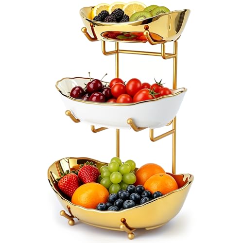 Ceramic Fruit Bowl for Kitchen Counter - 3 Tier Fruit Basket with Metal Stand, Tiered Fruit Stand for Countertop, Snack, Nuts, Cake, Dessert, Small & Cute (Gold & White,Small) 2 - color: Gold & White, size: Small