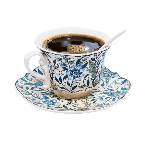 Bone China Tea Cup and Saucer Set with Spoon，Elegant Floral Tea Cup Set (7 oz)，British Coffee Latte Mug - color: flower-B01