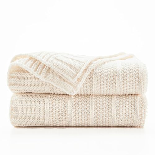 Douceur Cream White Stripe Knit Throw Blanket 50"x60" | Blanket for Couch, Soft Cozy Lightweight Knitted Throw for Sofa, Living Room Gift - color: Stripe-cream, size: 50"X60"