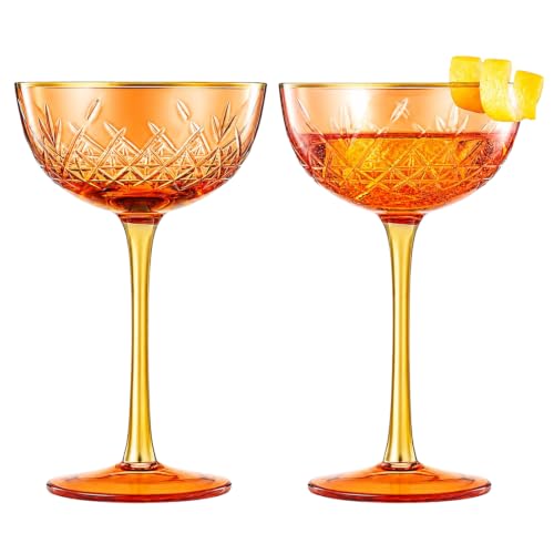 Vintage Art Deco Coupe for Champagne, Martini, Cocktails | Set of 2 | 7 oz Classic Cocktail Glassware - Manhattan, Cosmopolitan, Sidecar, Crystal Speakeasy Style Saucer Goblets with Stems (Orange Red) - color: Coupe Red, size: Set of 2