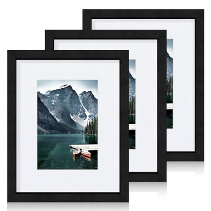 Hongkee 8x10 Black Picture Frames set of 3, Made of Wooden and Glass Photo frame - Displays Picture 5x7 with Mat or 8 x 10 without Mat, Desktop & Wall Collage Frame set - color: Black, size: 8x10 in