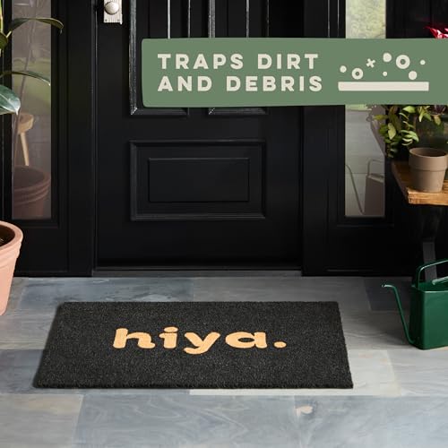 TOWN & COUNTRY TERRA Hiya Painted Welcome Door Mat, Natural Coir, Heavyweight, Non-Slip Entryway Mat, Black, 18"x30" - color: Black, size: 1'6" x 2'6" (Rectangular)