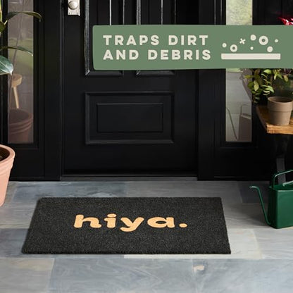 TOWN & COUNTRY TERRA Hiya Painted Welcome Door Mat, Natural Coir, Heavyweight, Non-Slip Entryway Mat, Black, 18"x30" - color: Black, size: 1'6" x 2'6" (Rectangular)