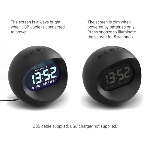 NEWGATE® Centre of the Earth Alarm Clock | Round Retro Digital LCD Clock | Black | Ideal for Bedside, Desk or Shelf | Retro Bedroom & Office Accessory - color: Black