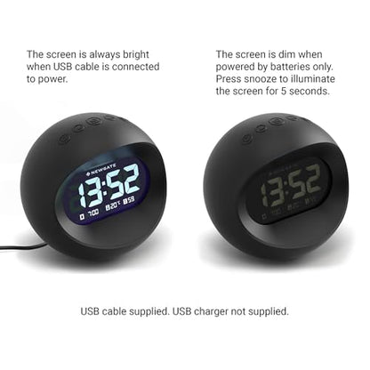 NEWGATE® Centre of the Earth Alarm Clock | Round Retro Digital LCD Clock | Black | Ideal for Bedside, Desk or Shelf | Retro Bedroom & Office Accessory - color: Black