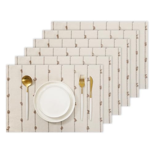 Boho Placemats 13 x 19 Set of 6 for Dining Table Decor Khaki Beige | Durable Fabric,Woven Cloth Place Mats for Farmhouse Rustic Kitche Home Decor,Cotton Placemats,Table mats - size: Set of 6