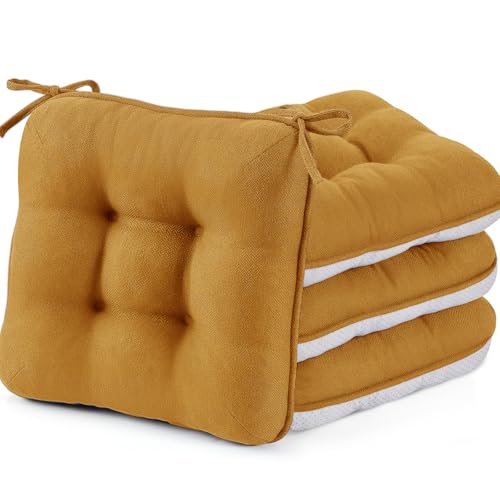 BETU Chair Cushions for Dining Chairs Set of 4,3.5" Thick Kitchen Table Chair Pads with Ties,Non Slip Backing and Covers, Seat Cushion for Dining Room,Bar,Patio Chairs,15.5"X15.5"X3.5",Yellow - color: Caramel, size: 15.5"x15.5"x3.5" (4 Pack)