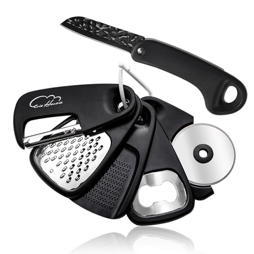 Kitchen Gadgets Set 6 Piece, Space Saving, Portable, Black | Stackable Gadgets Utensils, Grater, Bottle Opener, Pizza Cutter, Peeler, Paring Knife, Garlic Grinder, Storage Bag - color: Classical Black 6pcs