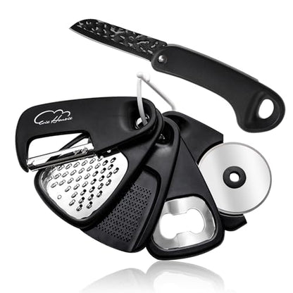 Kitchen Gadgets Set 6 Piece, Space Saving, Portable, Black | Stackable Gadgets Utensils, Grater, Bottle Opener, Pizza Cutter, Peeler, Paring Knife, Garlic Grinder, Storage Bag - color: Classical Black 6pcs