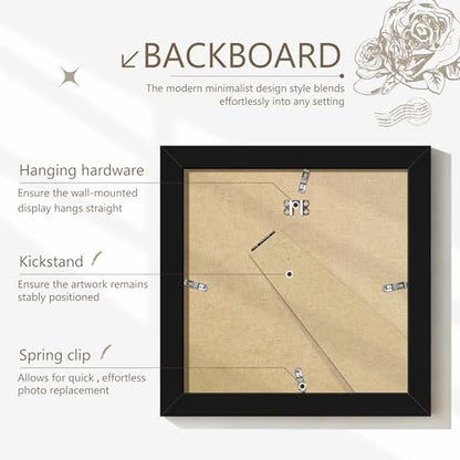 6x6 Picture Frame Sef of 10, Square Photo Frame Collage, Black | Display Pictures 4x4 with Mat or 6 x 6 without Mat, Hanging or Tabletop Display, for Wall Gallery Decor