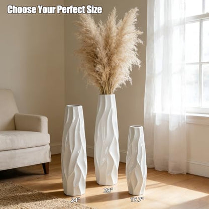 White Tall Ceramic Floor Vase, 24 Inch, Pleated Wave Design | Glossy Glazed Finish, Living Room, Fireplace, Entryway, Pampas Grass - color: Shape 1, size: 24 Inch